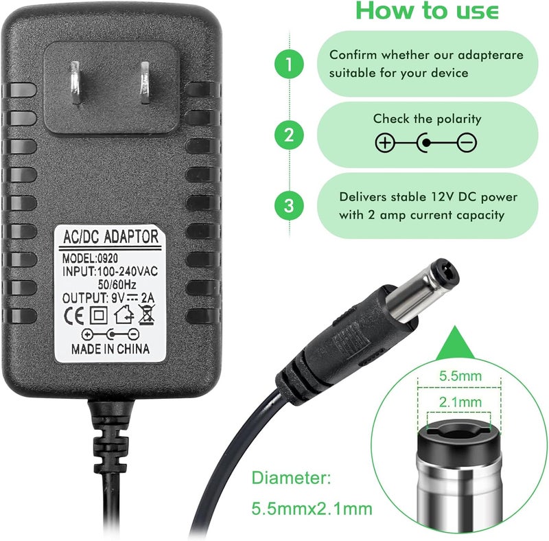 MADOWL AC DC Power Supply Adapter, 9V 2A Guitar Pedal Piano Keyboard Charger,5.5 x 2.1mm Center Negative Connector, 110V Input - Image 3